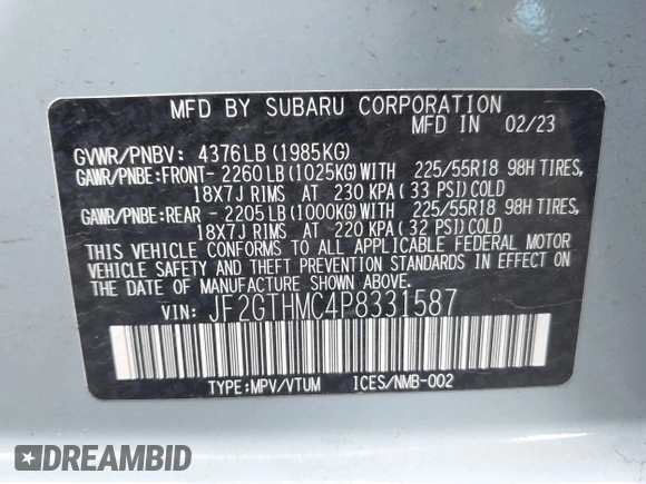 2023 Subaru Crosstrek Limited с VIN JF2GTHMC4P8331587, выставлен на аукционе IAAI как лот 42366625 с пробегом 22 347 миль миль и . История ставок и продаж доступна на DreamBid. Изображение 9.