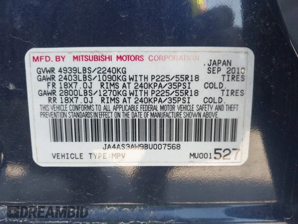 2011 Mitsubishi Outlander SE with VIN JA4AS3AW9BU007568, listed as a IAAI auction lot 42396335 with 174,256 mi miles and . Bid and sale history available at DreamBid. Image 9.