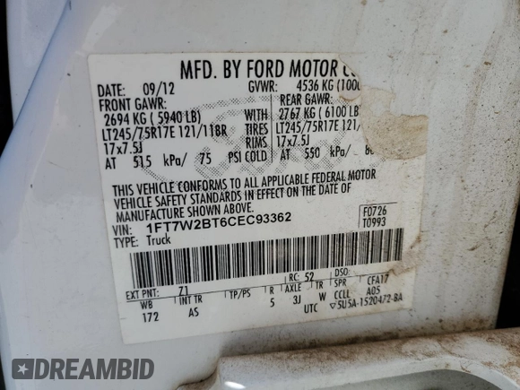 2012 Ford F-250 XL with VIN 1FT7W2BT6CEC93362, listed as a Copart auction lot 58203935 with 266,160 mi miles and Salvage title. Bid and sale history available at DreamBid. Image 12.