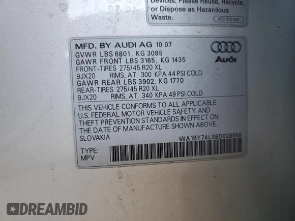 2008 Audi Q7 Premium with VIN WA1BY74L98D028568, listed as a Copart auction lot 64228235 with 151,197 mi miles and Clean title. Bid and sale history available at DreamBid. Image 13.