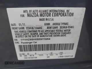 2011 Mazda 6 i Sport with VIN 1YVHZ8BH0B5M15264, listed as a IAAI auction lot 42655076 with 113,357 mi miles and . Bid and sale history available at DreamBid. Image 9.