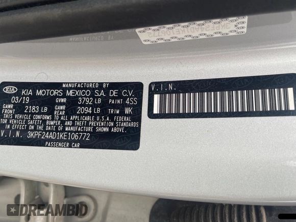 2019 Kia Forte LXS with VIN 3KPF24AD1KE106772, listed as a Copart auction lot 64288275 with 36,832 mi miles and Clean title. Bid and sale history available at DreamBid. Image 10.