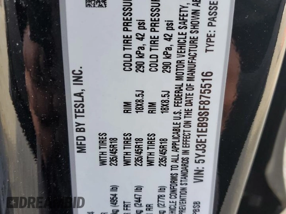 2025 Tesla Model 3 Long Range with VIN 5YJ3E1EB9SF875516, listed as a Copart auction lot 51450515 with 3,672 mi miles and Salvage Title. Bid and sale history available at DreamBid. Image 12.