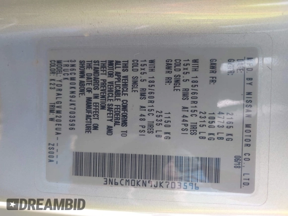 2018 Nissan NV200 S with VIN 3N6CM0KN9JK703596, listed as a IAAI auction lot 42623159 with Not provided miles and . Bid and sale history available at DreamBid. Image 9.