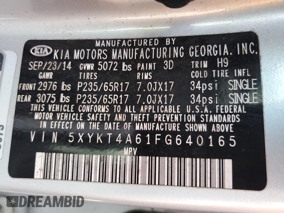 2015 Kia Sorento LX with VIN 5XYKT4A61FG640165, listed as a Copart auction lot 54720075 with 183,119 mi miles and Salvage Title. Bid and sale history available at carsss.com. Image 13.