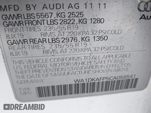 2012 Audi Q5 3.2L Premium Plus with VIN WA1DKAFP5CA058541, listed as a IAAI auction lot 41658191 with 999,999 mi miles. Bid and sale history available at carsss.com. Image 9.