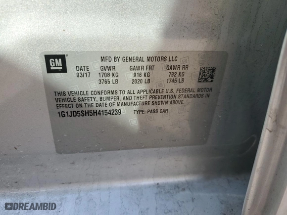 2017 Chevrolet Sonic LT with VIN 1G1JD5SH5H4154239, listed as a Copart auction lot 43213245 with 67,808 mi miles and Salvage Title. Bid and sale history available at carsss.com. Image 12.