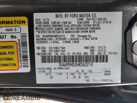 2017 Ford Fusion SE with VIN 3FA6P0HD3HR262710, listed as a Copart auction lot 44813545 with 103,020 mi miles and Salvage Title. Bid and sale history available at carsss.com. Image 14.