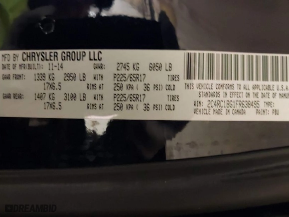 2015 Chrysler Town & Country Touring with VIN 2C4RC1BG1FR638495, listed as a IAAI auction lot 41665243 with 121,063 mi miles. Bid and sale history available at carsss.com. Image 9.