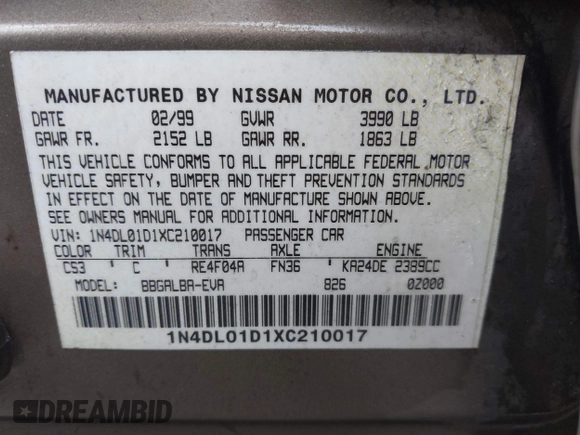 1999 Nissan Altima XE with VIN 1N4DL01D1XC210017, listed as a IAAI auction lot 41199544 with 297,917 mi miles. Bid and sale history available at carsss.com. Image 9.