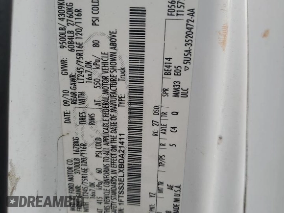 2011 Ford Econoline Cargo Commercial with VIN 1FTSS3ELXBDA21411, listed as a Copart auction lot 46906325 with Not provided miles and Salvage title. Bid and sale history available at DreamBid. Image 13.