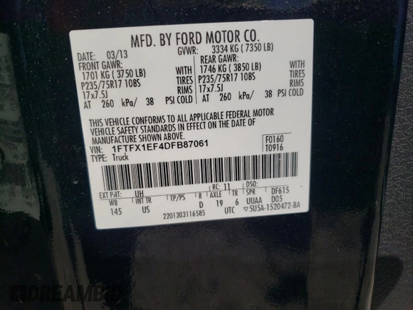 2013 Ford F-150 XL with VIN 1FTFX1EF4DFB87061, listed as a Copart auction lot 55293955 with 204,468 mi miles and Clean Title. Bid and sale history available at carsss.com. Image 12.