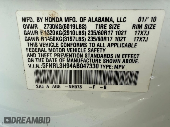 2010 Honda Odyssey Touring with VIN 5FNRL3H94AB047330, listed as a Copart auction lot 54064195 with 193,979 mi miles and Clean Title. Bid and sale history available at carsss.com. Image 10.