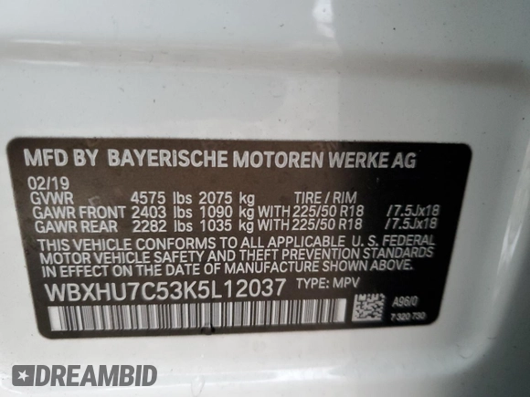 2019 BMW X1 sDrive28i with VIN WBXHU7C53K5L12037, listed as a Copart auction lot 65538082 with Not Provided miles and . Bid and sale history available at DreamBid. Image 10.
