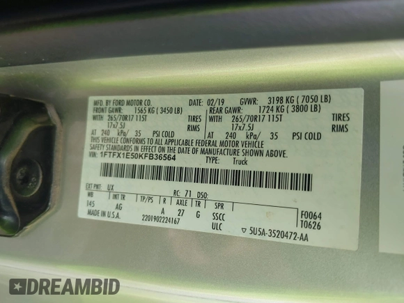 2019 Ford F-150 XL with VIN 1FTFX1E50KFB36564, listed as a IAAI auction lot 42197885 with 172,170 mi miles and . Bid and sale history available at DreamBid. Image 9.