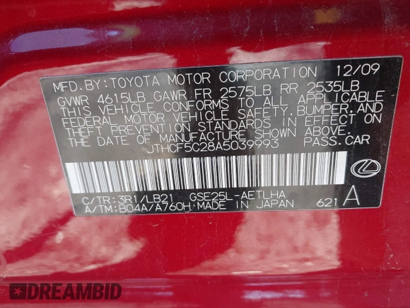 2010 Lexus IS 250 with VIN JTHCF5C28A5039993, listed as a IAAI auction lot 41833214 with 70,415 mi miles and . Bid and sale history available at DreamBid. Image 9.