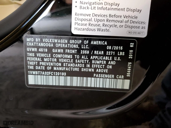 2015 Volkswagen Passat 1.8T Sport with VIN 1VWBT7A32FC120193, listed as a Copart auction lot 53448315 with 27,996 mi miles and Salvage Title. Bid and sale history available at carsss.com. Image 12.