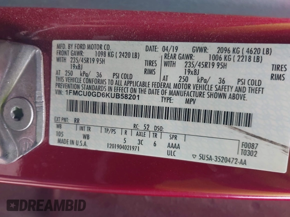 2019 Ford Escape SE with VIN 1FMCU0GD6KUB58201, listed as a IAAI auction lot 41433918 with 162,580 mi miles. Bid and sale history available at carsss.com. Image 9.