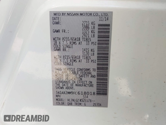 2015 Nissan Pathfinder Platinum with VIN 5N1AR2MM9FC618018, listed as a IAAI auction lot 41969749 with 182,955 mi miles and . Bid and sale history available at DreamBid. Image 9.