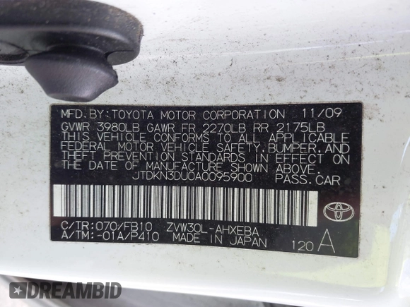 2010 Toyota Prius II with VIN JTDKN3DU0A0095900, listed as a IAAI auction lot 41630338 with 318,071 mi miles. Bid and sale history available at carsss.com. Image 9.