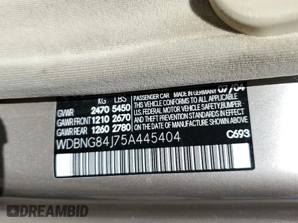 2005 Mercedes-Benz S 500 with VIN WDBNG84J75A445404, listed as a Copart auction lot 58842965 with 57,153 mi miles and Salvage title. Bid and sale history available at DreamBid. Image 12.
