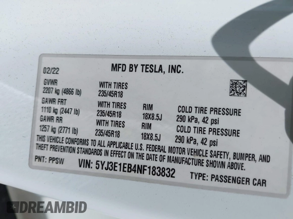 2022 Tesla Model 3 Long Range z VIN 5YJ3E1EB4NF183832, wystawiony jako IAAI lot #42085815 z przebiegiem 35 880 mil mil oraz . Historia ofert i sprzedaży dostępna na DreamBid. Obrazek 9.