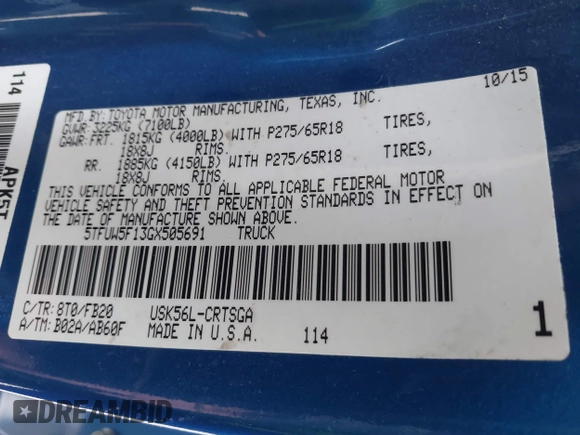 2016 Toyota Tundra 4WD Truck SR with VIN 5TFUW5F13GX505691, listed as a IAAI auction lot 41750013 with 1 mi miles. Bid and sale history available at carsss.com. Image 9.