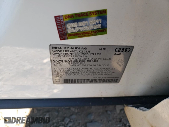 2017 Audi Q3 Premium with VIN WA1BCCFS0HR013861, listed as a Copart auction lot 62284624 with 107,934 mi miles and Salvage title. Bid and sale history available at DreamBid. Image 13.