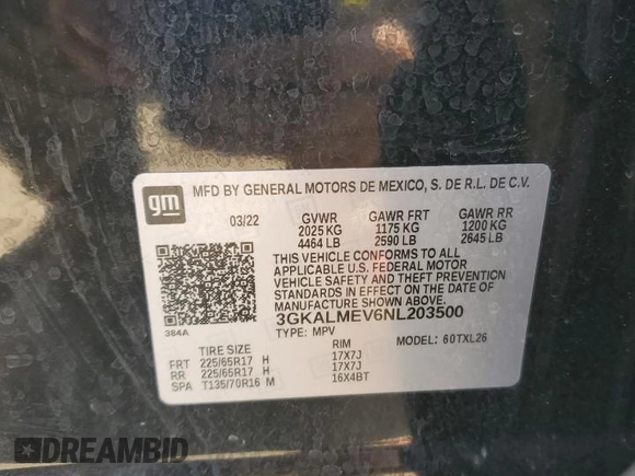 2022 GMC Terrain SLE with VIN 3GKALMEV6NL203500, listed as a Copart auction lot 62190195 with 61,375 mi miles and Salvage title. Bid and sale history available at DreamBid. Image 13.
