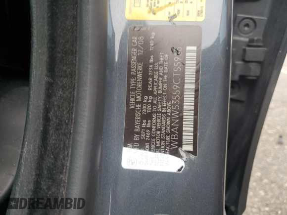2009 BMW 5 Series 550i with VIN WBANW53559CT55926, listed as a Copart auction lot 50582505 with Not Provided miles and Salvage Title. Bid and sale history available at carsss.com. Image 12.