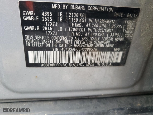 2017 Subaru Outback Premium with VIN 4S4BSAHC0H3386576, listed as a Copart auction lot 80958964 with 130,112 mi miles and Salvage Title. Bid and sale history available at carsss.com. Image 15.