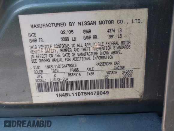 2005 Nissan Altima 3.5 SE with VIN 1N4BL11D75N478049, listed as a IAAI auction lot 41316125 with 160,748 mi miles. Bid and sale history available at carsss.com. Image 9.
