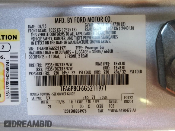 2016 Ford Mustang GT with VIN 1FA6P8CF6G5211971, listed as a Copart auction lot 55161425 with Not provided miles and Salvage title. Bid and sale history available at DreamBid. Image 12.