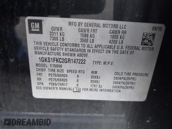 2016 GMC Yukon XL SLE with VIN 1GKS1FKC2GR147222, listed as a IAAI auction lot 41390201 with 86,385 mi miles. Bid and sale history available at carsss.com. Image 9.