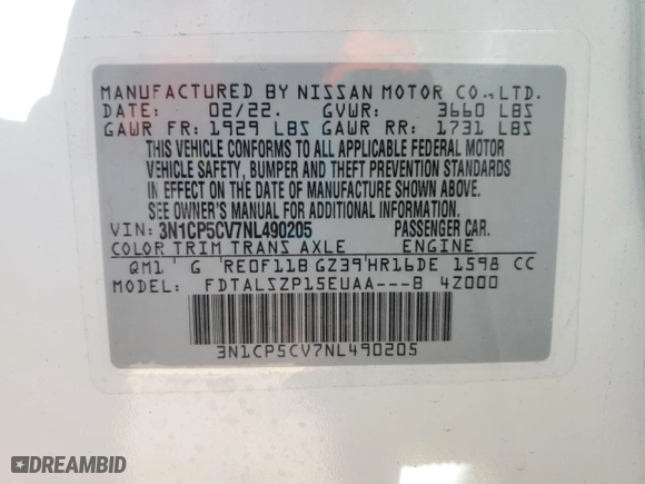2022 Nissan Kicks SV with VIN 3N1CP5CV7NL490205, listed as a Copart auction lot 46090275 with 59,499 mi miles and Salvage Title. Bid and sale history available at carsss.com. Image 15.