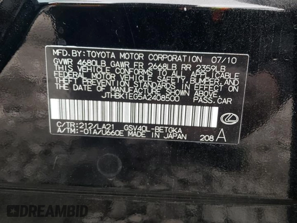 2010 Lexus ES 330 with VIN JTHBK1EG5A2408500, listed as a Copart auction lot 85466434 with 297,842 mi miles and Clean Title. Bid and sale history available at DreamBid. Image 12.