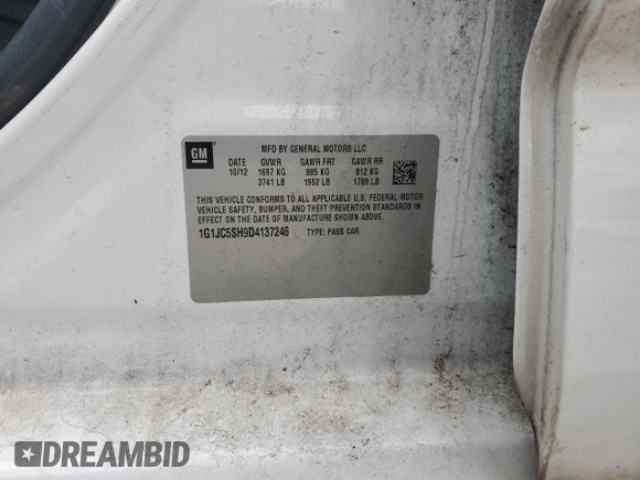 2013 Chevrolet Sonic LT with VIN 1G1JC5SH9D4137246, listed as a Copart auction lot 56001065 with 141,545 mi miles and Clean Title. Bid and sale history available at DreamBid. Image 12.