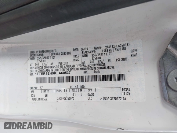 2019 Ford Ranger XL with VIN 1FTER1EH9KLA60537, listed as a IAAI auction lot 41570628 with 151,013 mi miles. Bid and sale history available at carsss.com. Image 9.