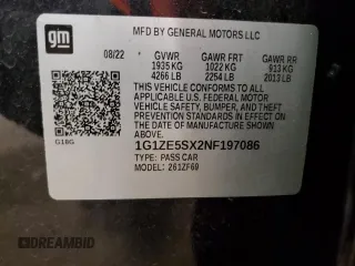 2022 Chevrolet Malibu Premier with VIN 1G1ZE5SX2NF197086, listed as a Copart auction lot 52336735 with 16,669 mi miles and Salvage Title. Bid and sale history available at DreamBid. Image 12.