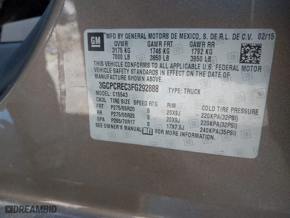 2015 Chevrolet Silverado 1500 LT with VIN 3GCPCREC3FG292888, listed as a IAAI auction lot 41416740 with 123,000 mi miles. Bid and sale history available at carsss.com. Image 9.