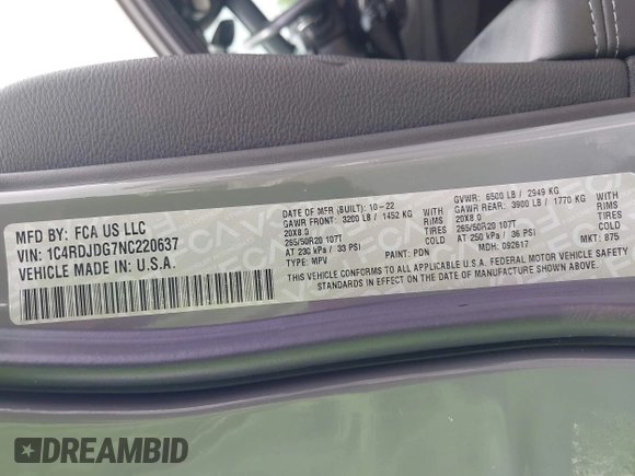 2022 Dodge Durango GT Plus with VIN 1C4RDJDG7NC220637, listed as a IAAI auction lot 42615840 with 59,515 mi miles and . Bid and sale history available at DreamBid. Image 9.