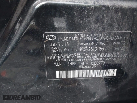 2016 Hyundai Sonata 2.4L with VIN 5NPE24AF7GH280779, listed as a IAAI auction lot 41559208 with 119,068 mi miles and . Bid and sale history available at carsss.com. Image 9.