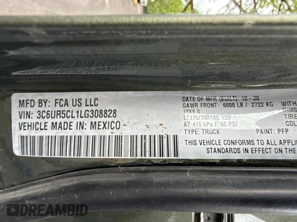 2020 Ram 2500 Tradesman with VIN 3C6UR5CL1LG308828, listed as a Copart auction lot 64524495 with 86,719 mi miles and Salvage title. Bid and sale history available at DreamBid. Image 10.