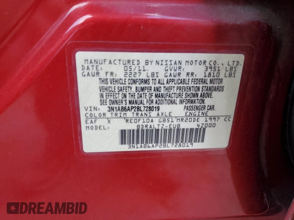 2011 Nissan Sentra SL with VIN 3N1AB6AP2BL728019, listed as a Copart auction lot 42009235 with 222,224 mi miles and Salvage Title. Bid and sale history available at DreamBid. Image 12.