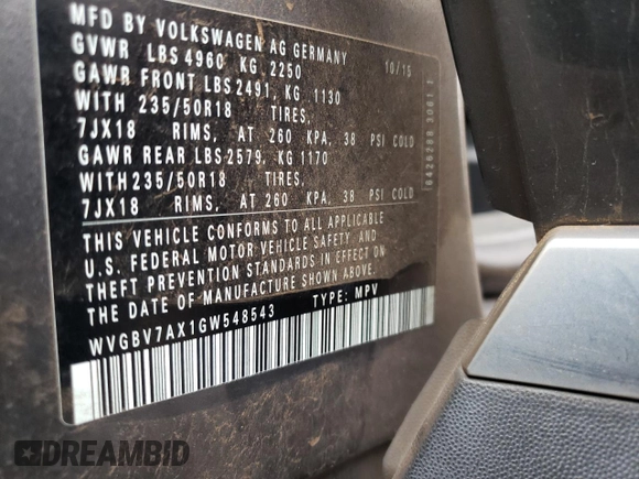 2016 Volkswagen Tiguan R-Line with VIN WVGBV7AX1GW548543, listed as a Copart auction lot 86662094 with 100,936 mi miles and Salvage Title. Bid and sale history available at DreamBid. Image 13.