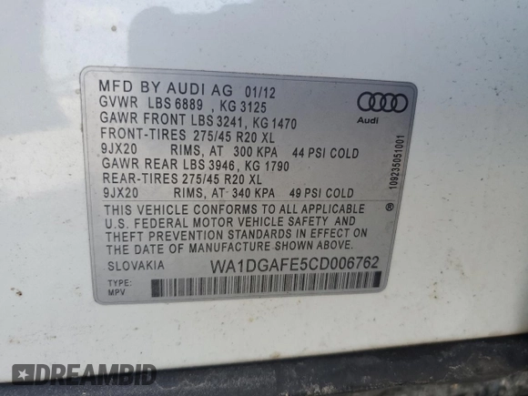 2012 Audi Q7 S line with VIN WA1DGAFE5CD006762, listed as a Copart auction lot 58447315 with 144,907 mi miles and Clean title. Bid and sale history available at DreamBid. Image 13.