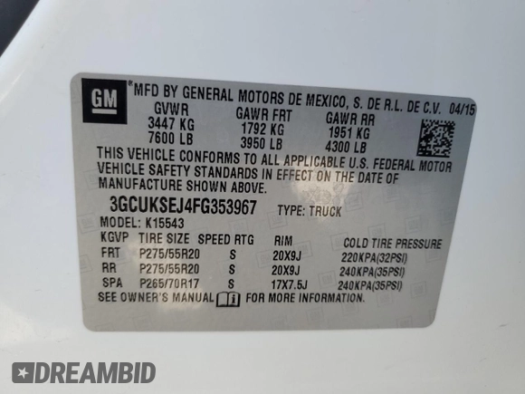2015 Chevrolet Silverado 1500 LTZ with VIN 3GCUKSEJ4FG353967, listed as a Copart auction lot 51272035 with 105,093 mi miles and Salvage Title. Bid and sale history available at carsss.com. Image 12.