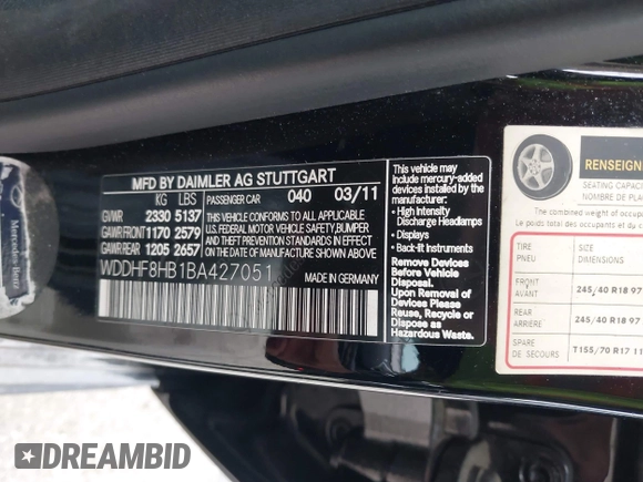 2011 Mercedes-Benz E 350 Luxury z VIN WDDHF8HB1BA427051, wystawiony jako IAAI lot #42091014 z przebiegiem Nie podano mil oraz . Historia ofert i sprzedaży dostępna na DreamBid. Obrazek 9.