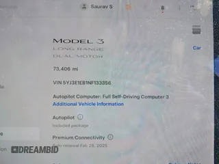 2022 Tesla Model 3 Long Range with VIN 5YJ3E1EB1NF133356, listed as a IAAI auction lot 41568303 with 73,406 mi miles and . Bid and sale history available at DreamBid. Image 7.