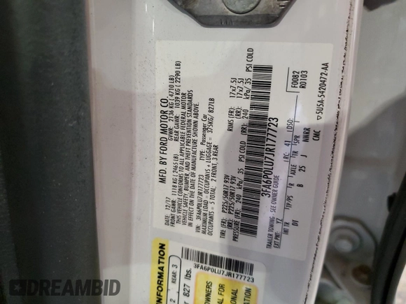 2018 Ford Fusion SE с VIN 3FA6P0LU7JR177723, выставлен на аукционе Copart как лот 60821345 с пробегом 89 841 миль миль и Списание • Salvage title. История ставок и продаж доступна на DreamBid. Изображение 12.